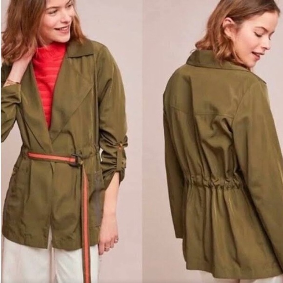 NWOT anthropologie, army, green jacket with orange trim, and a tie belt - Picture 1 of 5